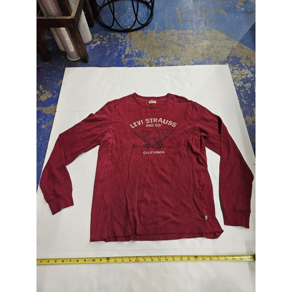 Levi Strauss Mens Red Thermal Waffle Knit Eagle Graphic Long Sleeve Shirt L